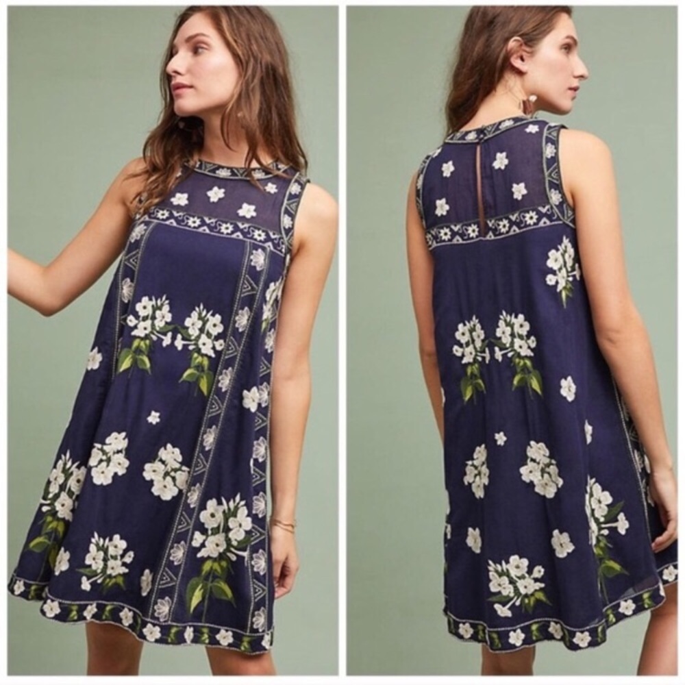 Anthropologie Navy Floral Sleeveless Shift Dress